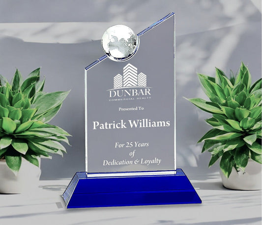 Clear Crystal with Inset Crystal Globe and Blue Base - Celebrate Prints