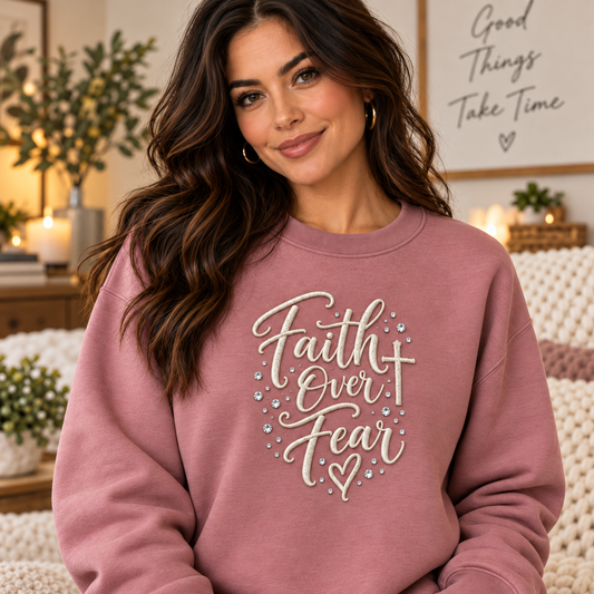 Faith Over Fear Rhinestone & Embroidered Script Sweatshirt