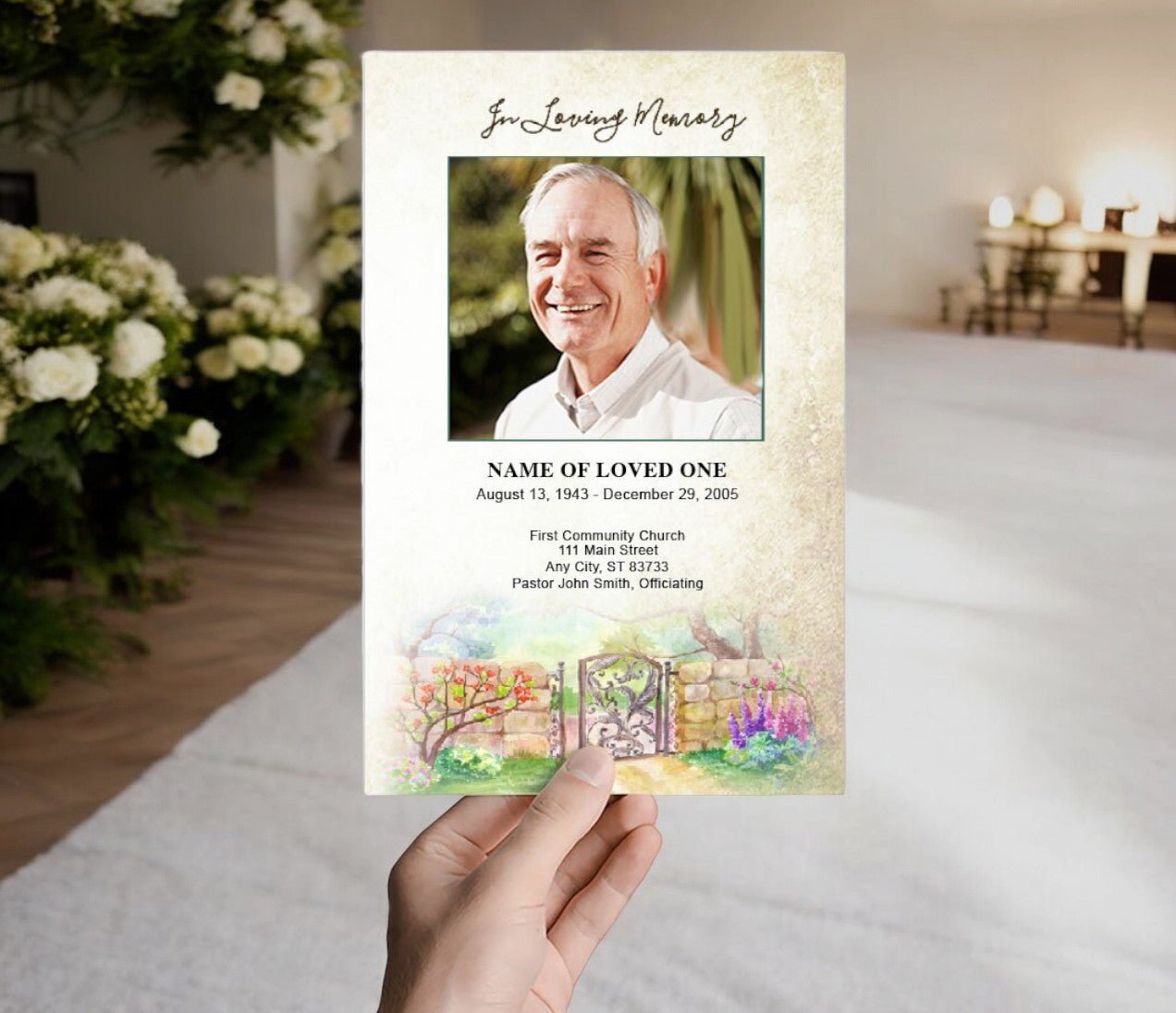 Garden Gate Watercolor Funeral Program Template - The Funeral Program Site