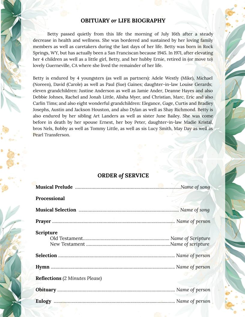 Green Leaf Greeting Card Style Google Docs Funeral Program Template - The Funeral Program Site