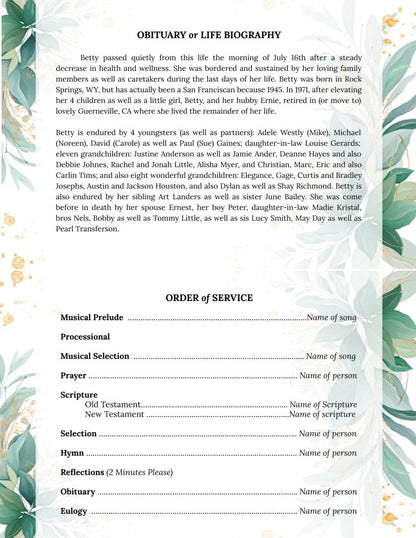 Green Leaf Greeting Card Style Google Docs Funeral Program Template - The Funeral Program Site
