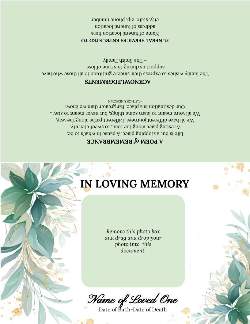 Green Leaf Greeting Card Style Google Docs Funeral Program Template - The Funeral Program Site