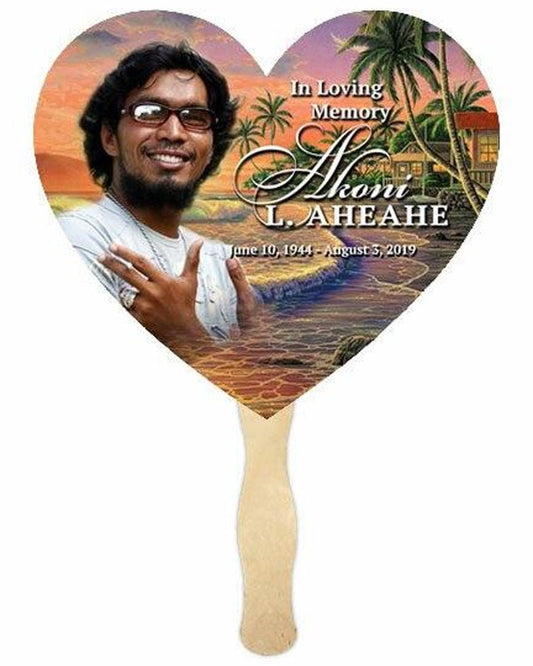 Island Heart Memorial Fan With Wooden Handle (Pack of 10) - Celebrate Prints