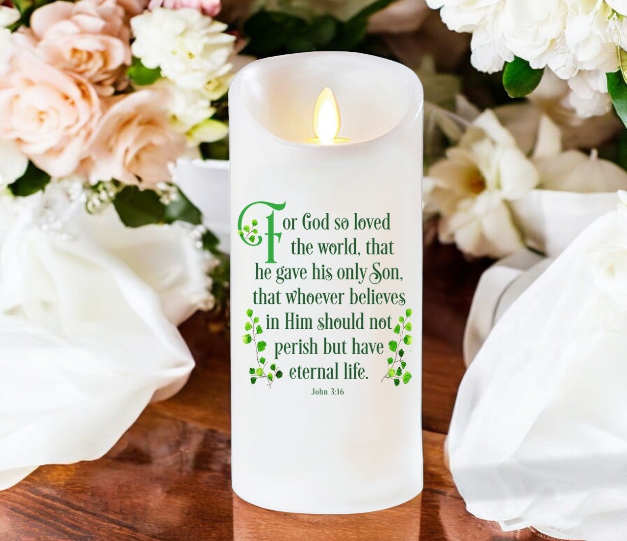 John 3:16 Bible Verse Dancing Wick LED Candle - Celebrate Prints