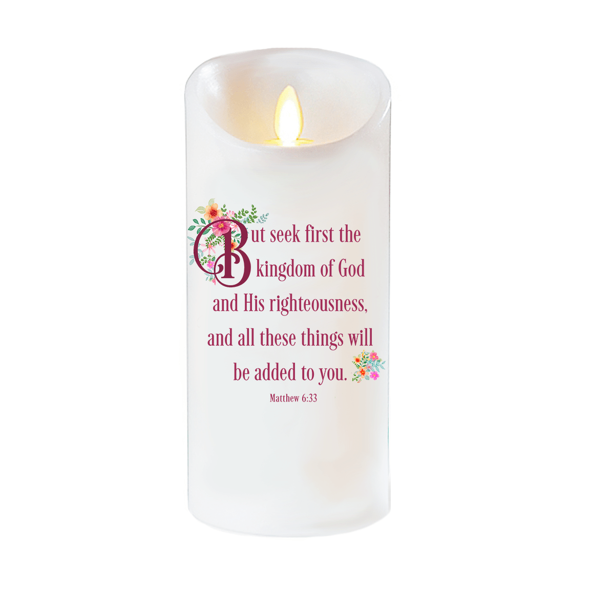 LED Candle - Seek First Bible Verse Dancing Wick - Celebrate Prints