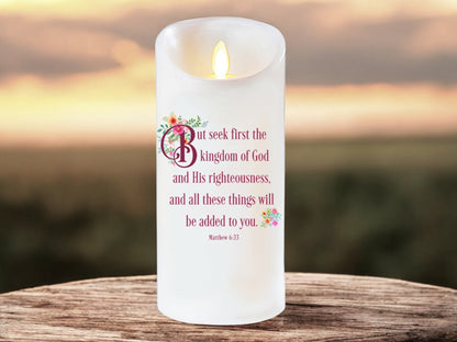 LED Candle - Seek First Bible Verse Dancing Wick - Celebrate Prints