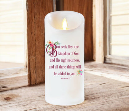 LED Candle - Seek First Bible Verse Dancing Wick - Celebrate Prints