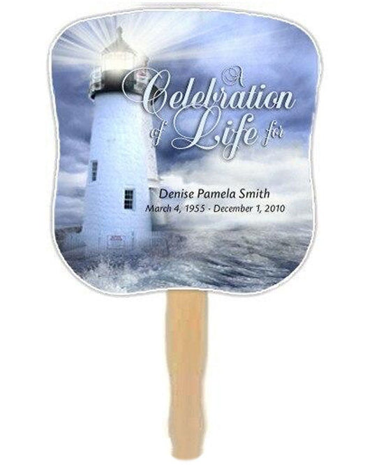 Lighthouse Memorial Fan With Wooden Handle (Pack Of 10) - Celebrate Prints