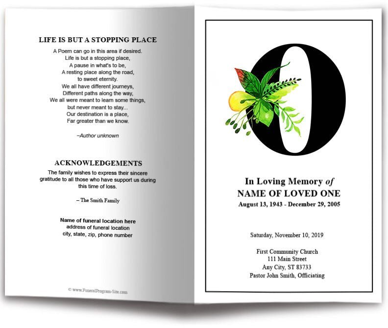 Monogram O Leaves Funeral Program Template - The Funeral Program Site