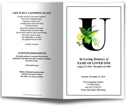 Monogram U Leaves Funeral Program Template - The Funeral Program Site