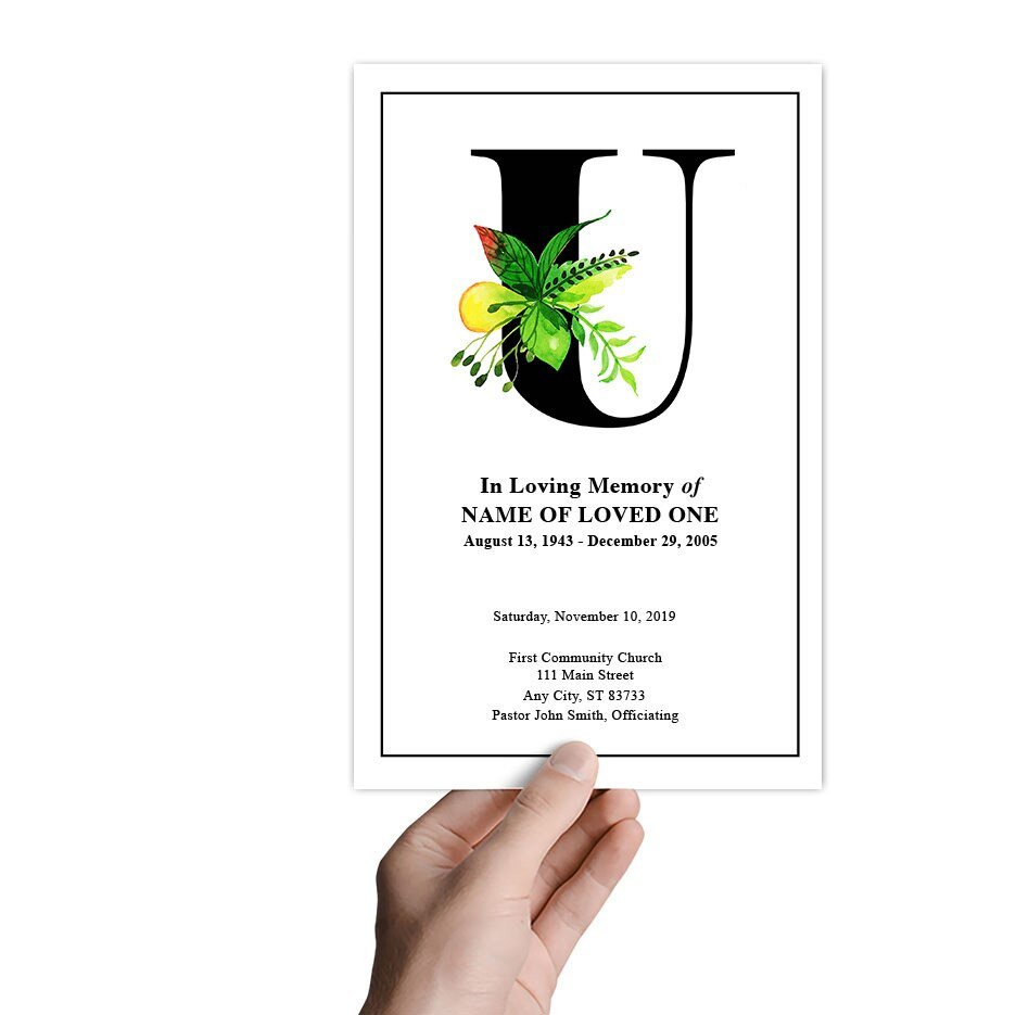 Monogram U Leaves Funeral Program Template - The Funeral Program Site