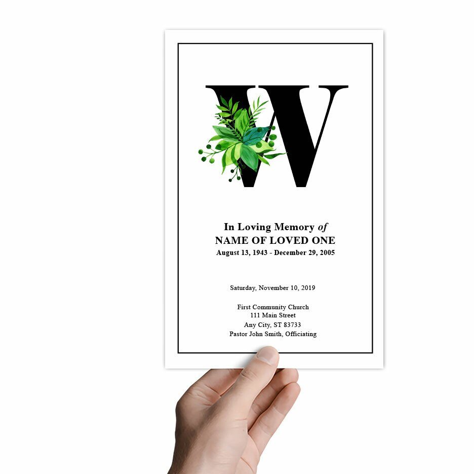 Monogram W Leaves Funeral Program Template - The Funeral Program Site
