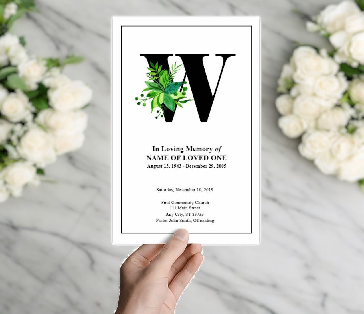 Monogram W Leaves Funeral Program Template - The Funeral Program Site