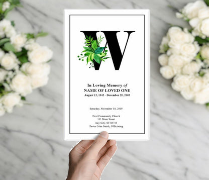 Monogram W Leaves Funeral Program Template - The Funeral Program Site