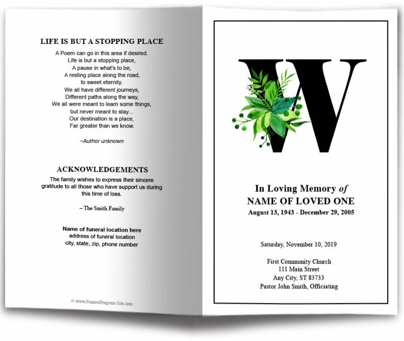 Monogram W Leaves Funeral Program Template - The Funeral Program Site