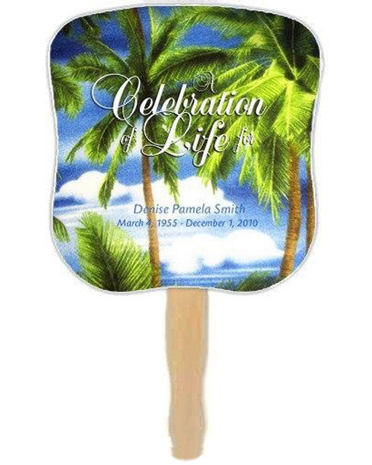 Paradise Memorial Fan With Wooden Handle (Pack Of 10) - Celebrate Prints