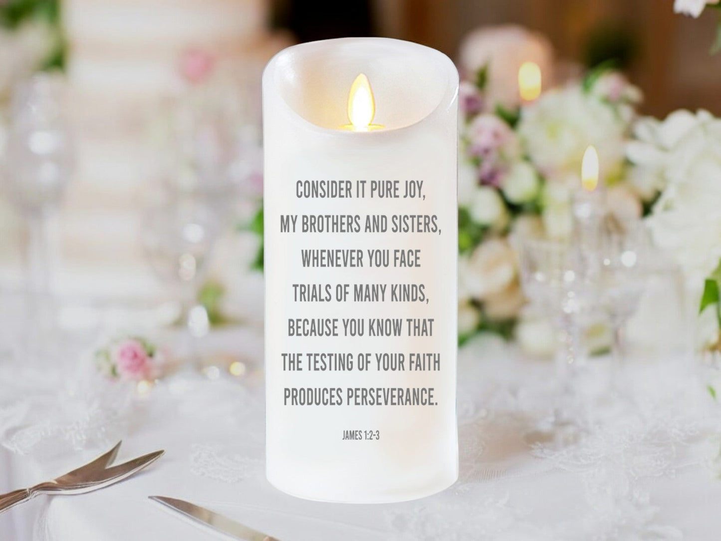 Perseverence Bible Verse Dancing Wick LED Candle - Celebrate Prints