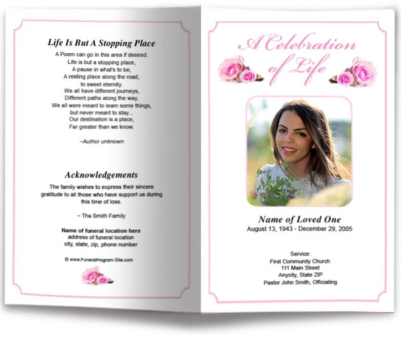 Pink Rose Funeral Program Template - The Funeral Program Site