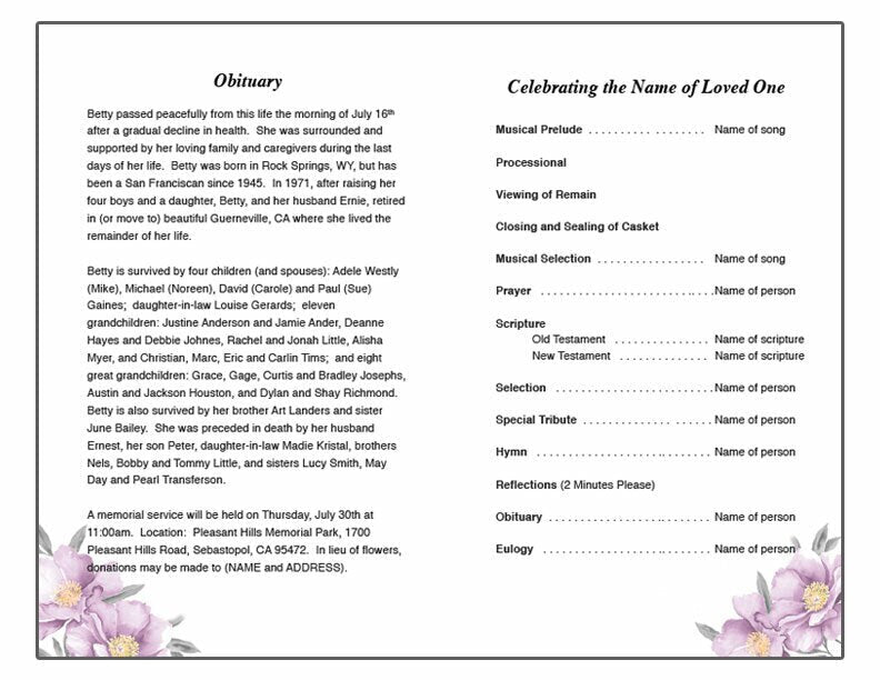 Plum Watercolor Funeral Program Template - The Funeral Program Site