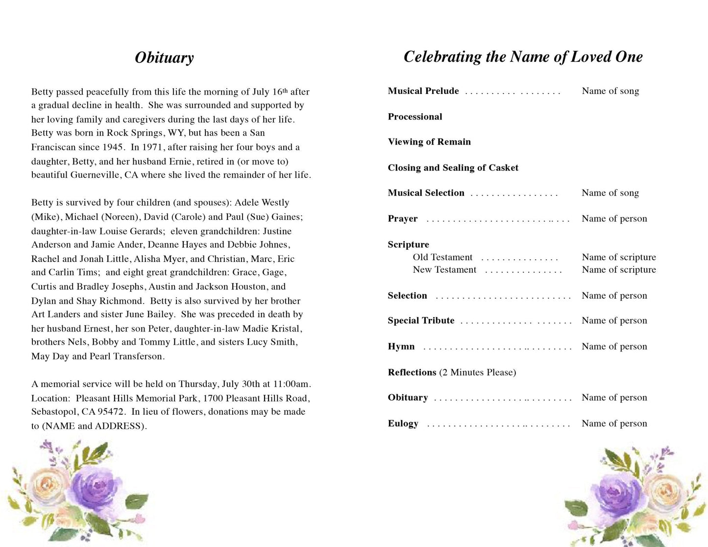 Primrose Watercolor Funeral Program Template - The Funeral Program Site