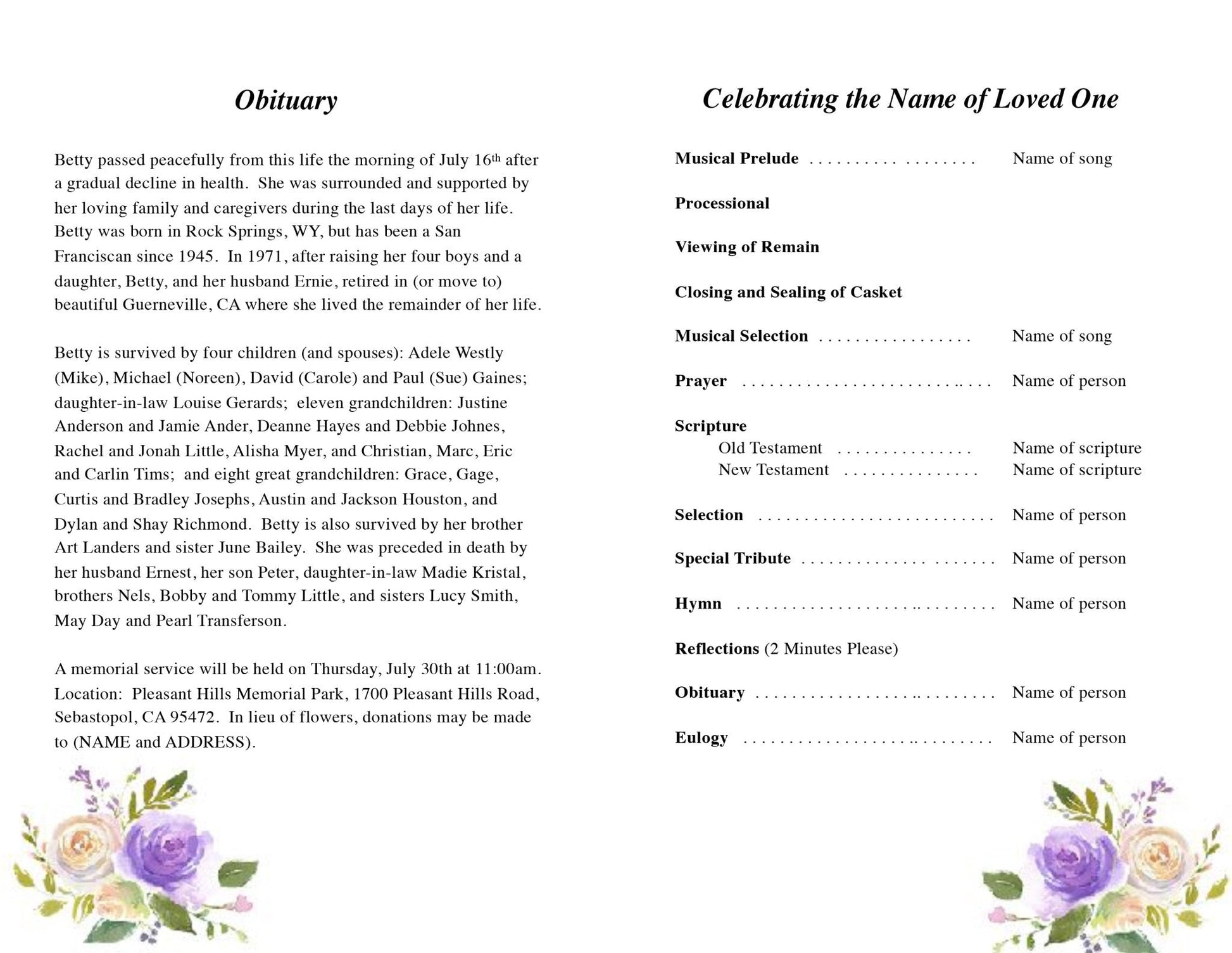 Primrose Watercolor Funeral Program Template - The Funeral Program Site