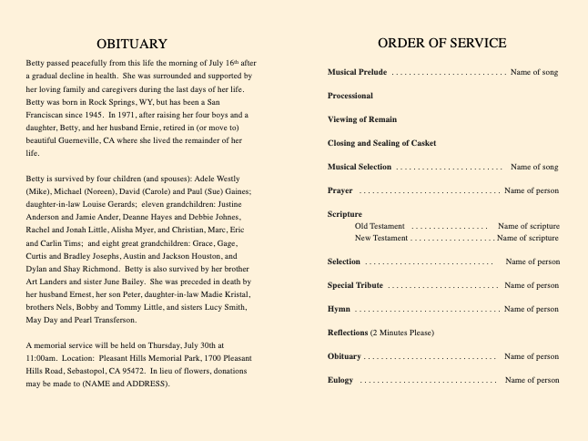 Prosper Funeral Program Template - The Funeral Program Site