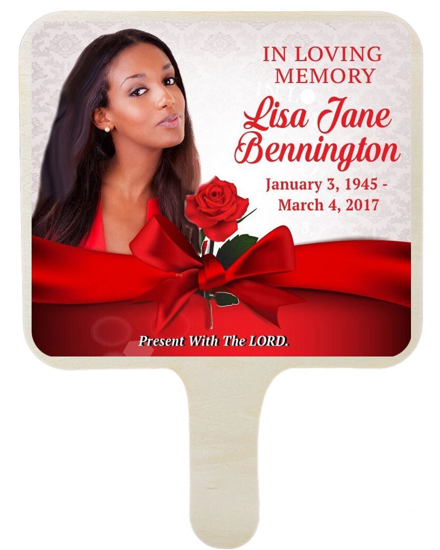 Red Satin Shores All-In-One Memorial Hand Fan (Pack of 10) - Celebrate Prints