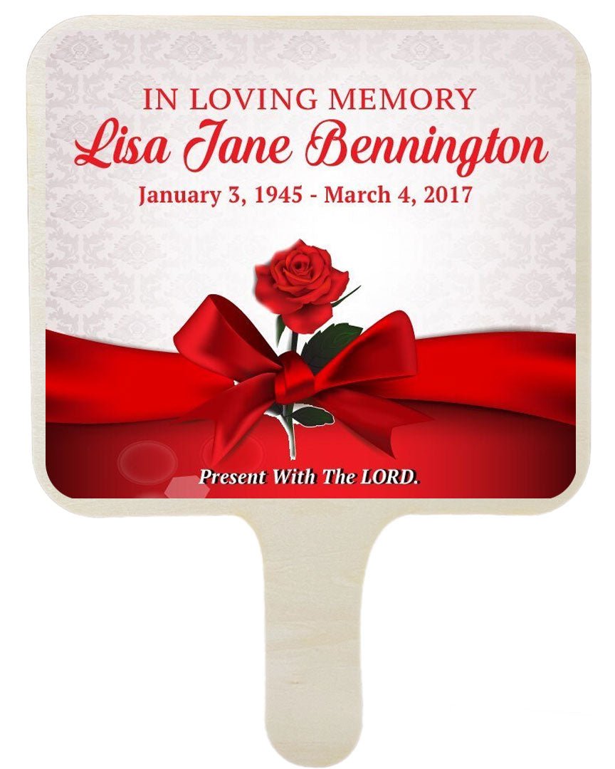 Red Satin Shores All-In-One Memorial Hand Fan (Pack of 10) - Celebrate Prints