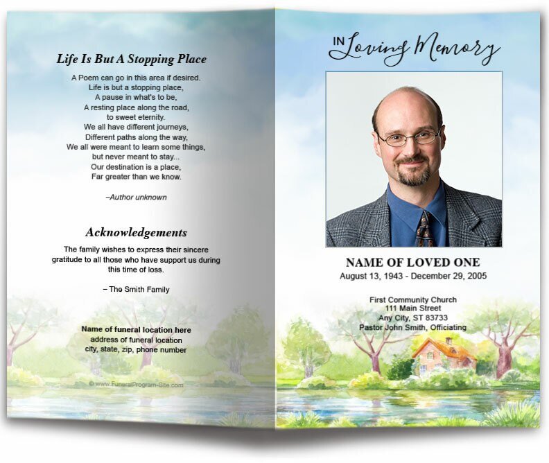 River Watercolor Funeral Program Template - The Funeral Program Site
