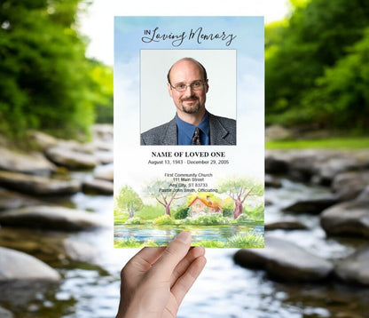 River Watercolor Funeral Program Template - The Funeral Program Site