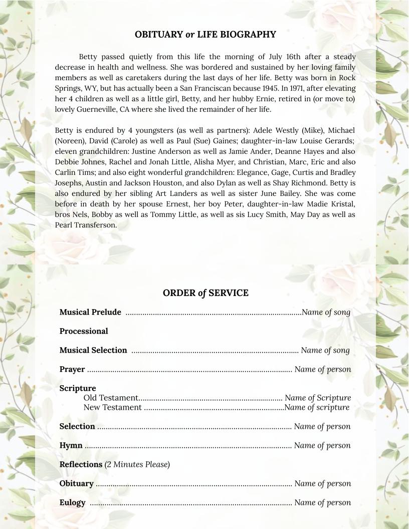 Rose Greeting Card Style Google Docs Funeral Program Template - The Funeral Program Site