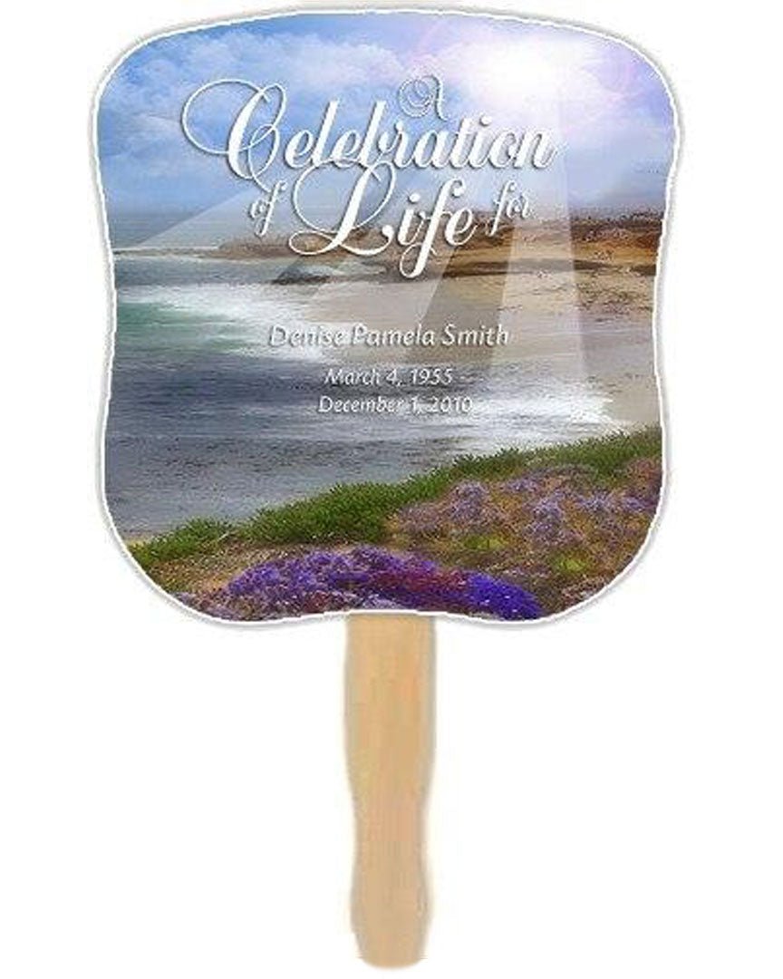 Seascape Memorial Fan With Wooden Handle (Pack Of 10) - Celebrate Prints