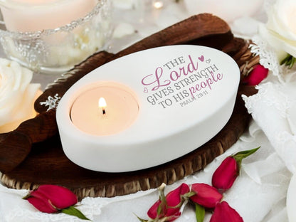 The Lord Gives Strength Bible Verse Oval Tea Light Candle Holder - Celebrate Prints