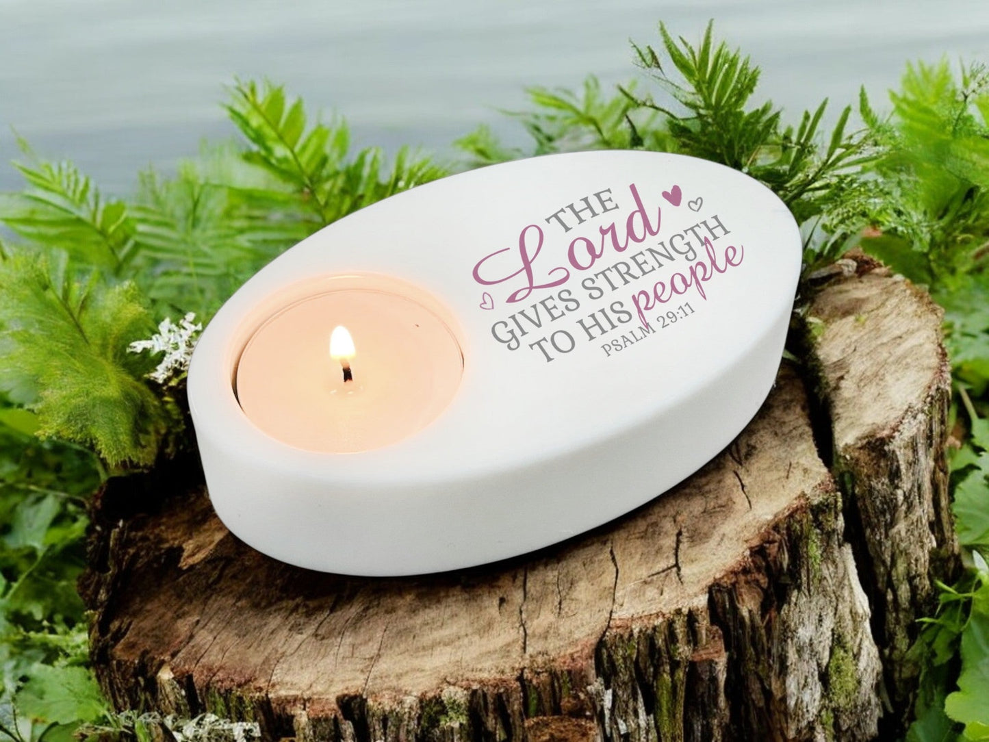 The Lord Gives Strength Bible Verse Oval Tea Light Candle Holder - Celebrate Prints