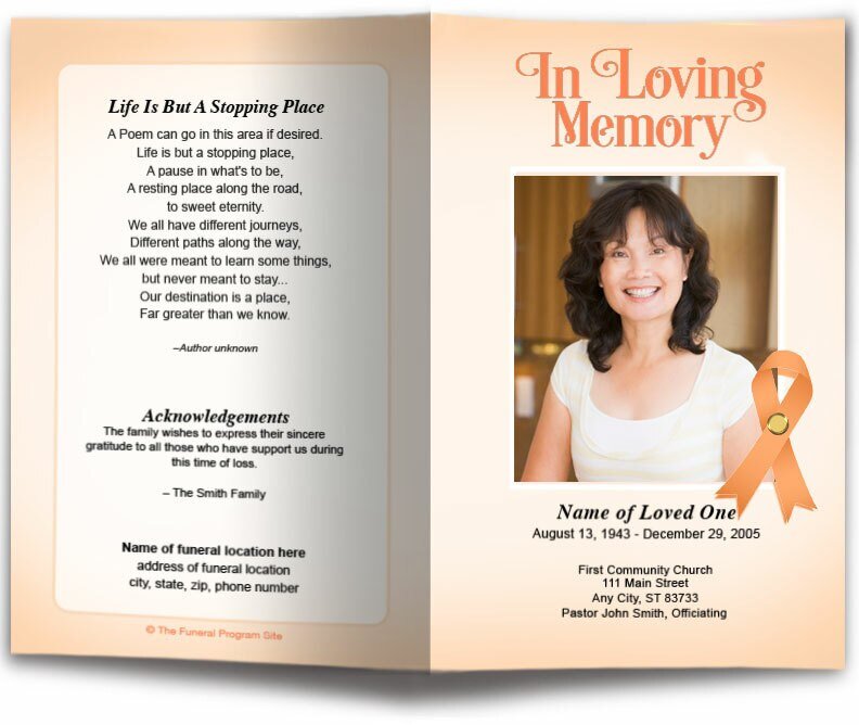 Uterine Cancer Peach Ribbon Funeral Program Template - The Funeral Program Site