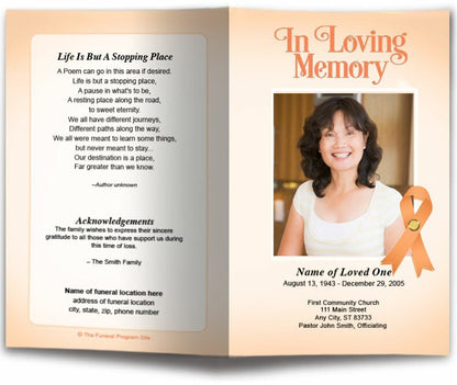 Uterine Cancer Peach Ribbon Funeral Program Template - The Funeral Program Site