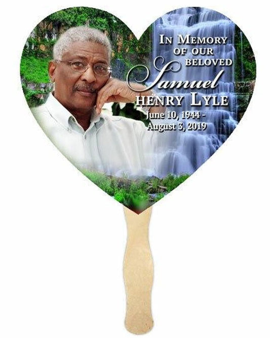 Waterfall Heart Memorial Fan With Wooden Handle (Pack of 10) - Celebrate Prints
