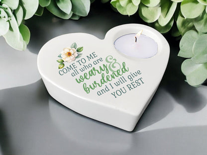 Weary Burdened Bible Verse Heart Tea Light Candle Holder - Celebrate Prints