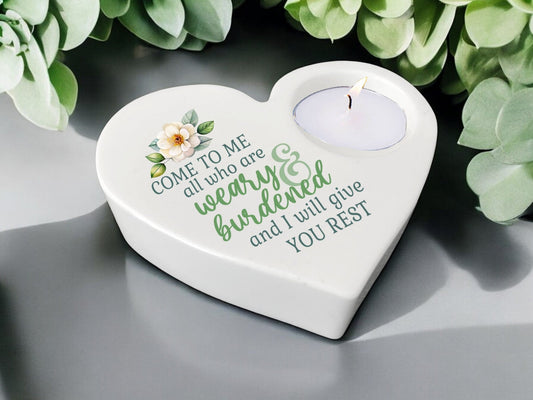 Weary Burdened Bible Verse Heart Tea Light Candle Holder - Celebrate Prints