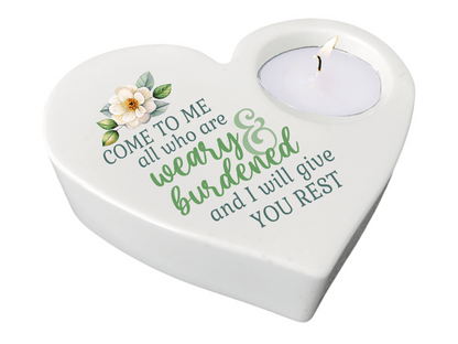 Weary Burdened Bible Verse Heart Tea Light Candle Holder - Celebrate Prints