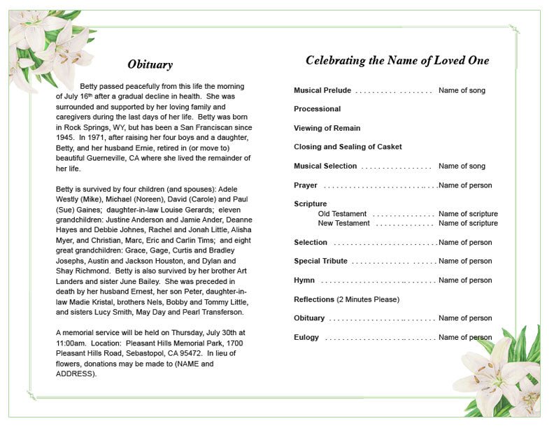 White Lilies Funeral Program Template - The Funeral Program Site