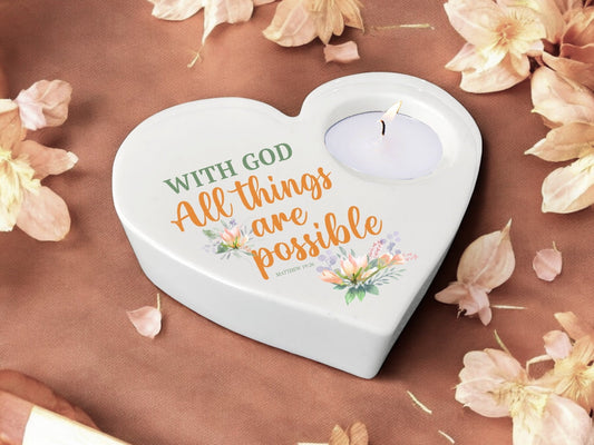 With God Bible Verse Heart Tea Light Candle Holder - Celebrate Prints