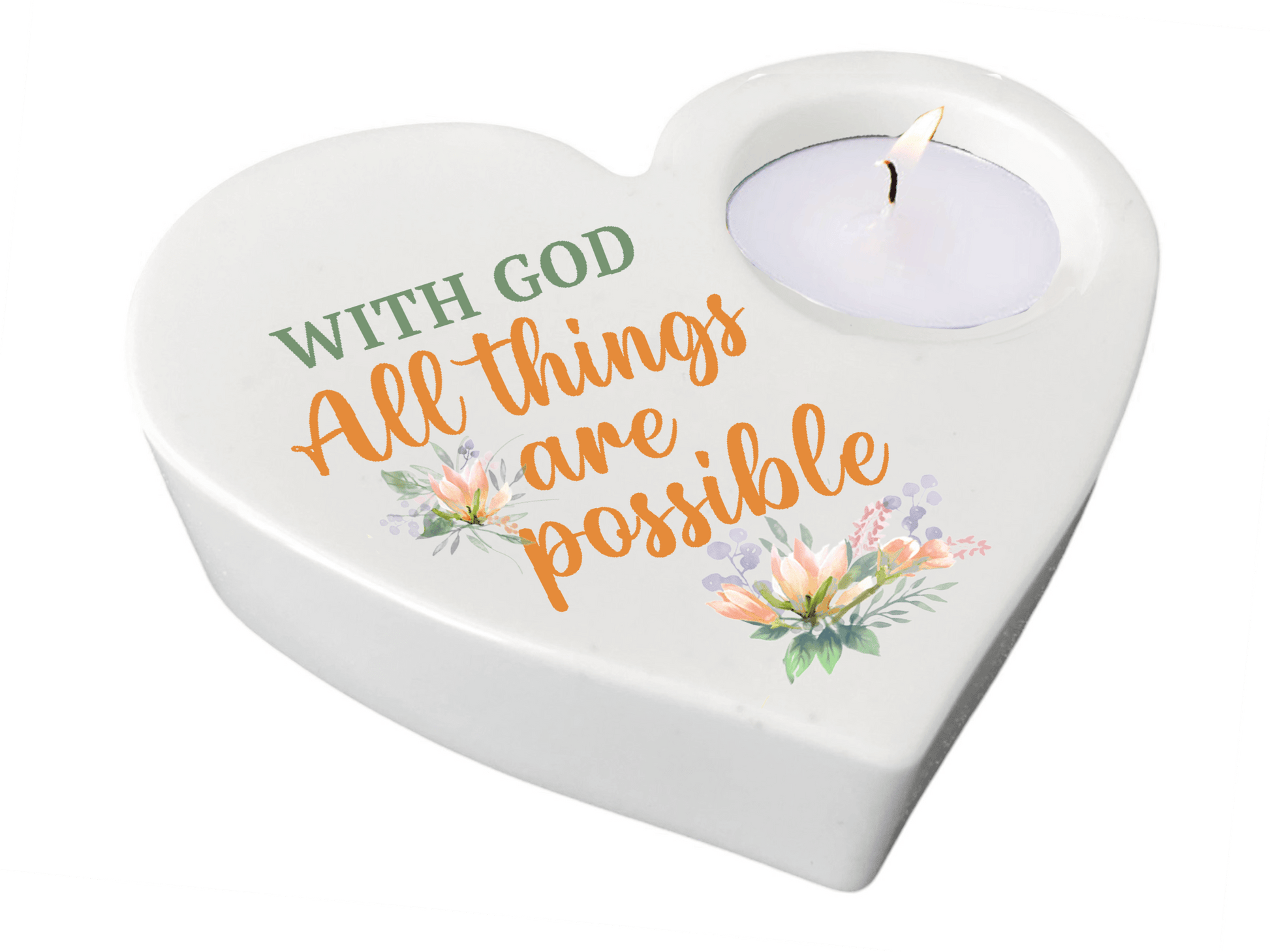 With God Bible Verse Heart Tea Light Candle Holder - Celebrate Prints