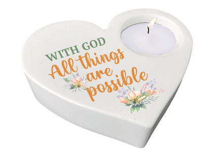 With God Bible Verse Heart Tea Light Candle Holder - Celebrate Prints