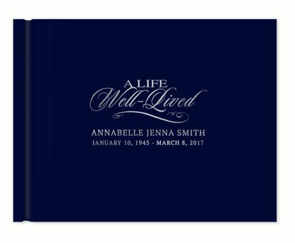 navy A Life Well Lived Foil Stamped Funeral Guest Books silver foil