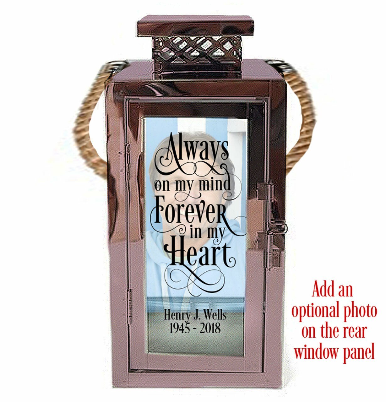 Always On My Mind Memorial Rose Gold Metal Lantern With Rope Handle with photo