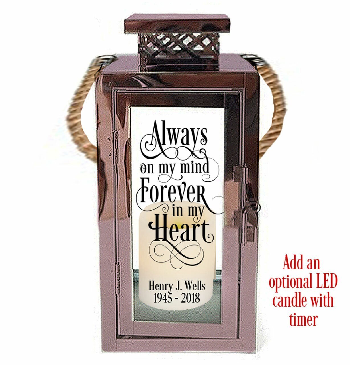Always On My Mind Memorial Rose Gold Metal Lantern With Rope Handle with LED Candle