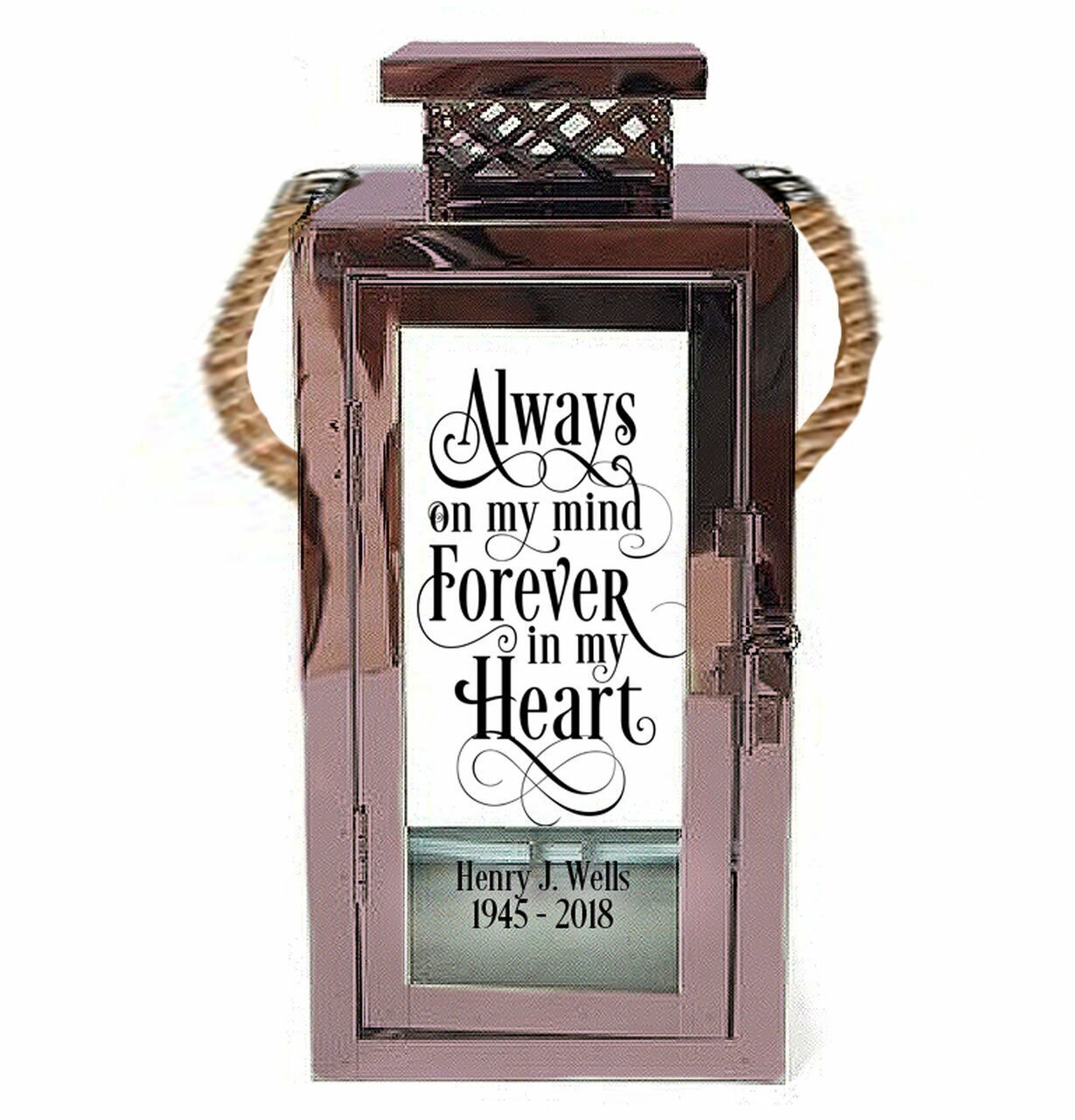 Always On My Mind Memorial Rose Gold Metal Lantern With Rope Handle