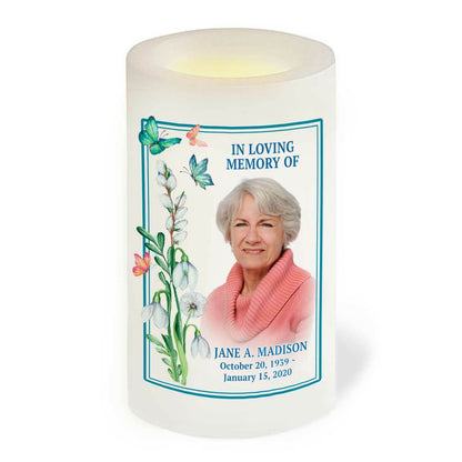 Memorial Candle Butterfly Florals Flameless LED 