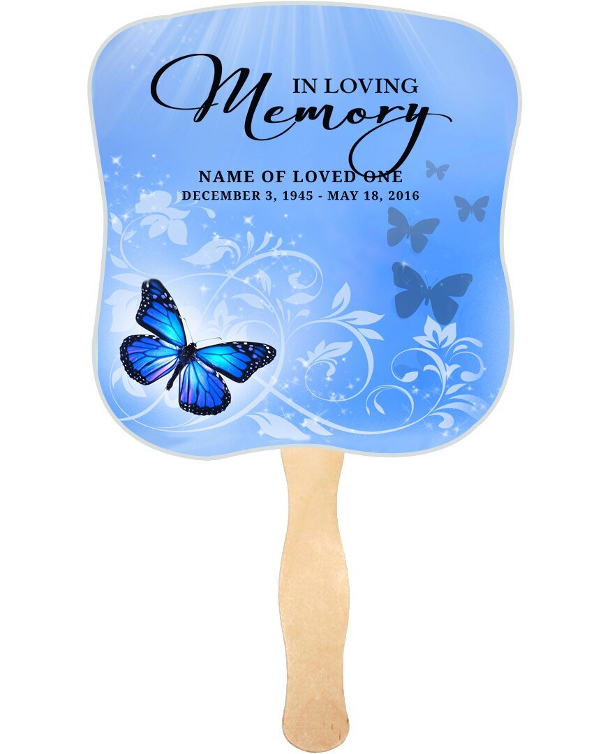 Butterfly Cardstock Memorial Church Fans With Wooden Handle front